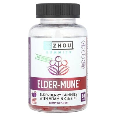 Zhou Nutrition, Elder-Mune™, Max Strength, Arôme naturel de fruits des bois, 60 gommes
