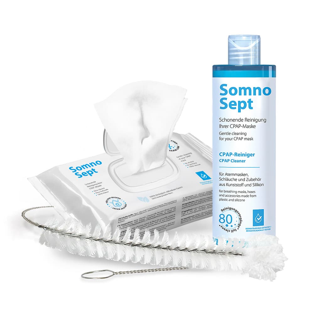 Kit de nettoyage 3-en-1 SomnoSept pour la PPC (nettoyant liquide, brosse pour tuyaux de PPC, lingettes nettoyantes), CPAP, masques, apnée du sommeil