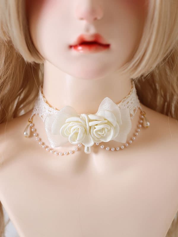 Sweet Lolita Accessoires Ecru White Pearls Rose Choker Divers