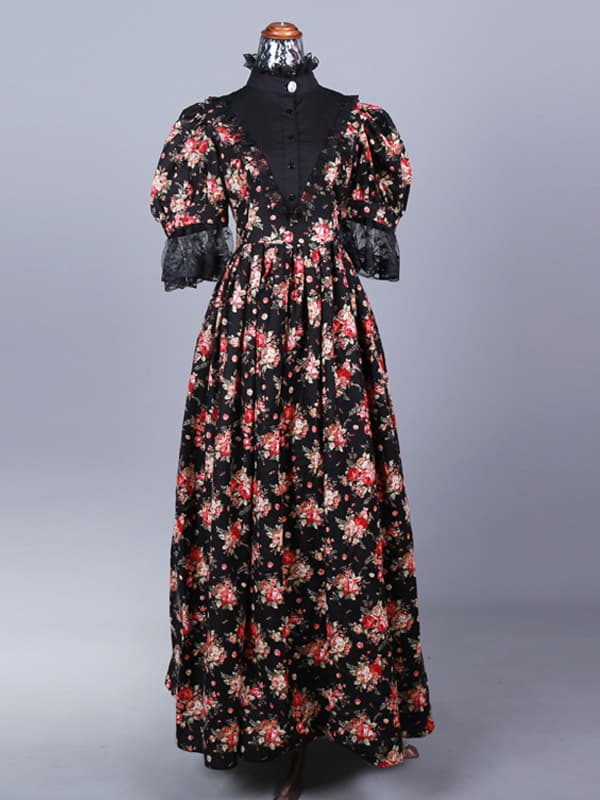 Costumes rétro noirs Robe à imprimé floral en dentelle de polyester Costume Marie Antoinette Ensemble rétro pour femmes Costume du 18e siècle