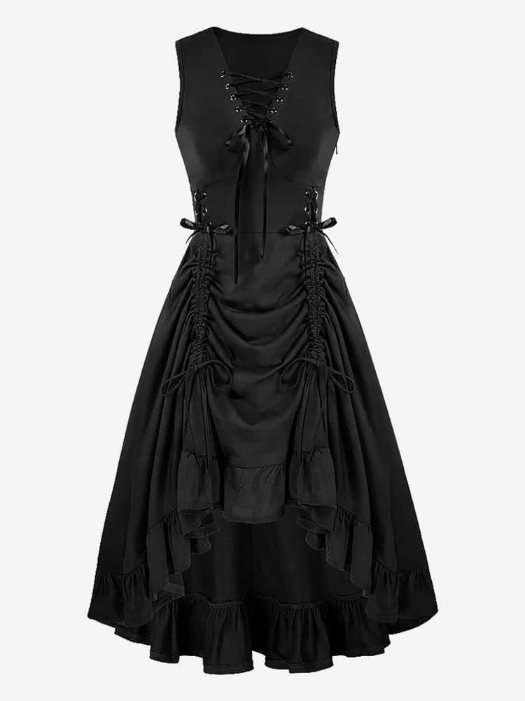 Robe Renaissance médiévale à lacets et volants pour femme costumes vintage noirs