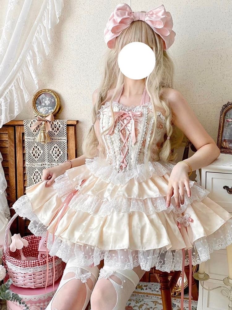 Tenues Sweet Lolita bleu ciel clair à lacets avec nœuds en dentelle et imprimé floral ensemble haut sans manches et jupe