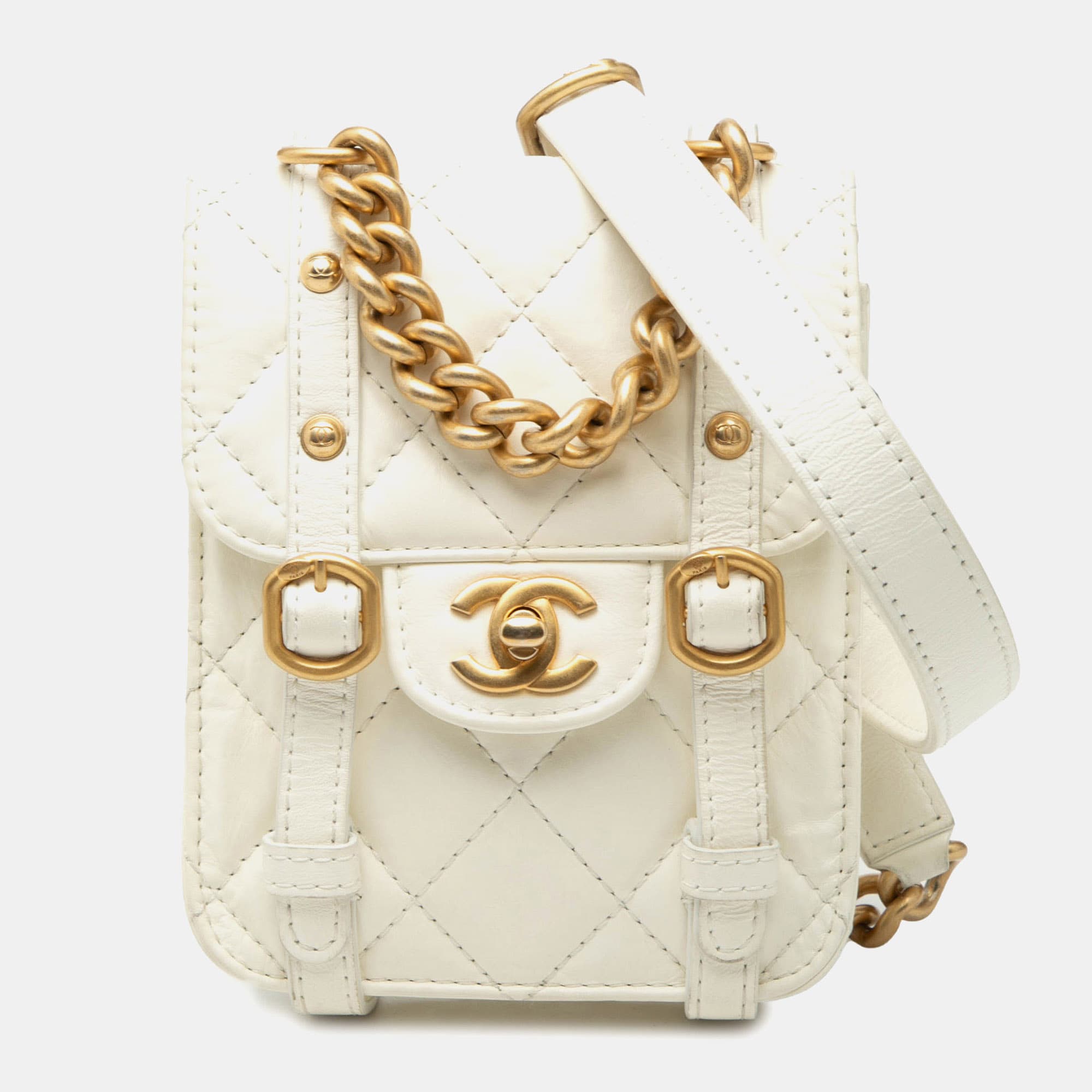 Chanel City School Mini White Aged Calfskin Leather Flap Bag