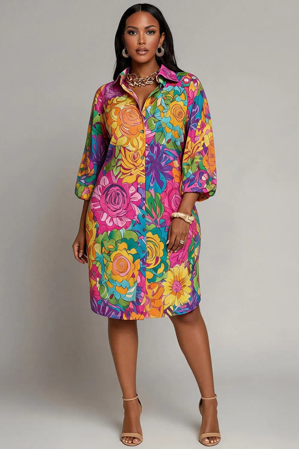 Xpluswear Design Plus Size Party Multicolor Floral Shirt Collar 3/4 Sleeve Pocket Midi Dresses Multicolor-L/10-12