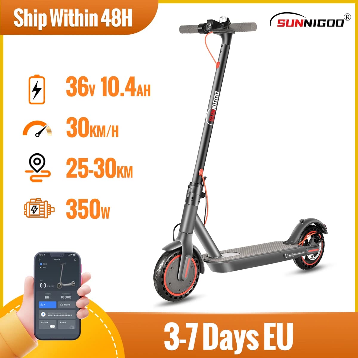 SUNNIGOO adulte Scooter électrique 36V 10.4Ah 350W moteur 30KM longue portée 30 KM/H 8.5 pouces pneus solides pliable Smart APP EScooter