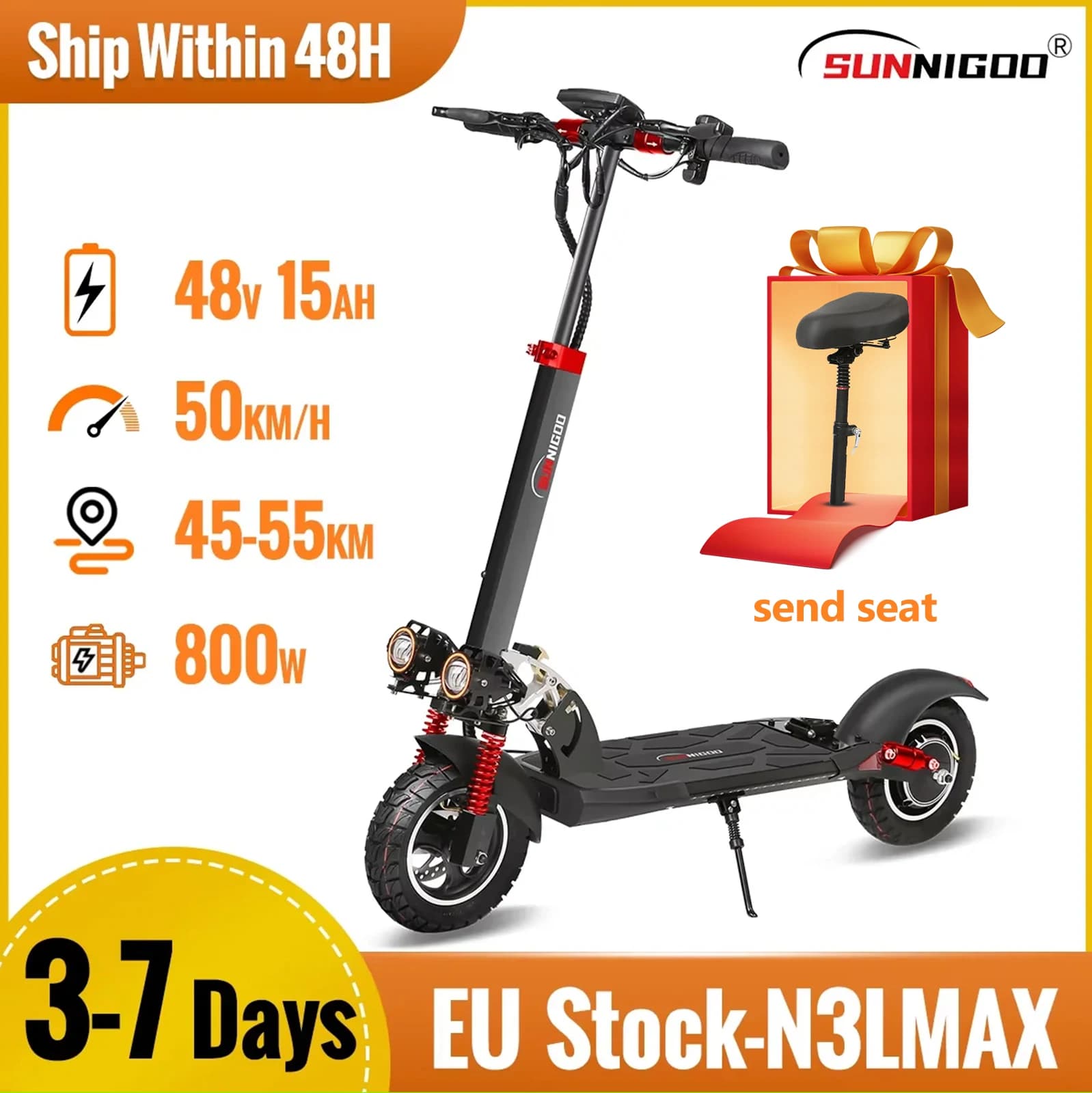 Trottinette électrique Moteur 800W Batterie 48V13AH Siège amovible Trottinette électrique adulte Pneu 10 pouces Trottinette tout-terrain pliable