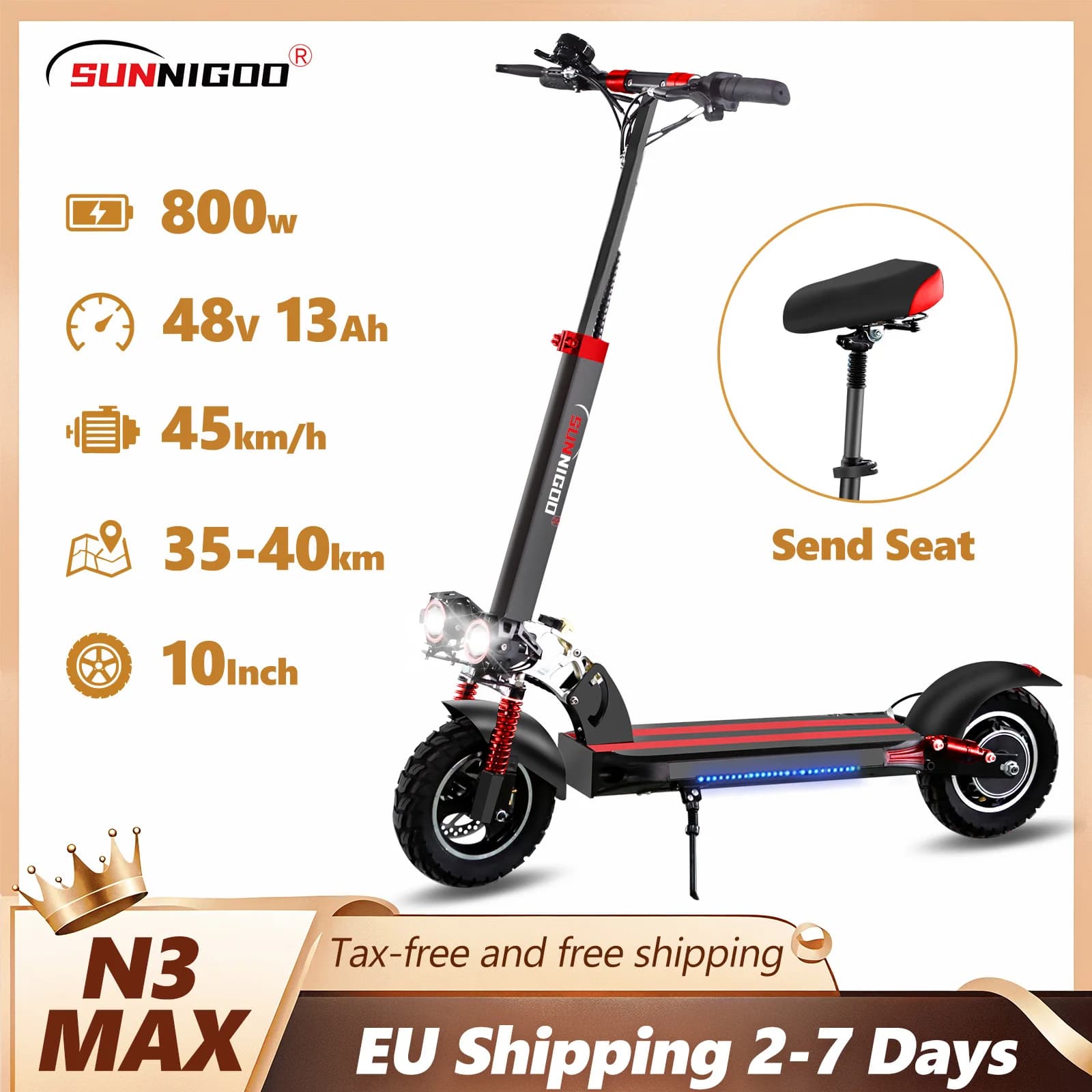 Trottinette électrique SUNNIGOO pour adulte, 10 pouces, tout-terrain, batterie lithium 48V, vitesse maximale Trottinette électrique pliable