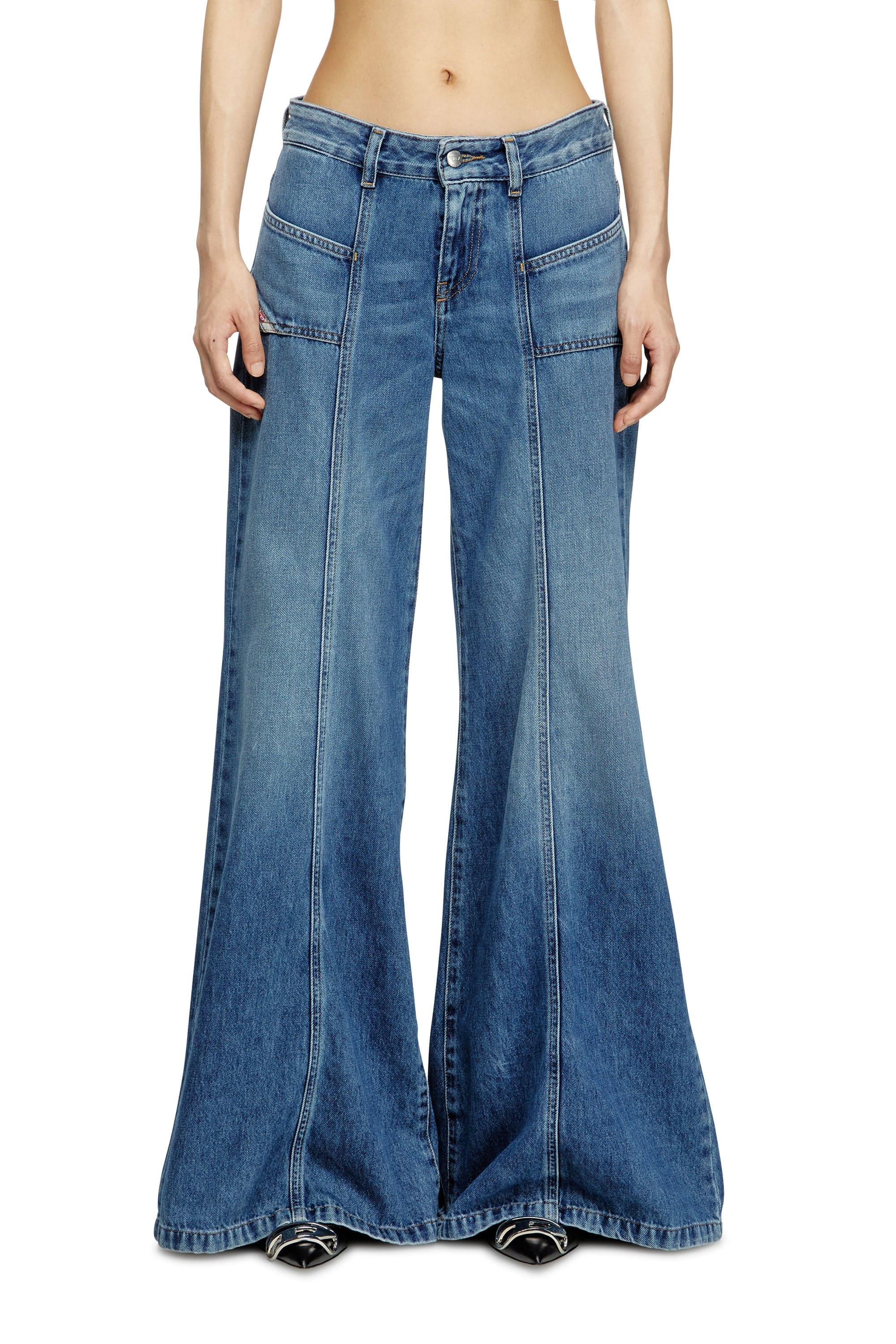 Diesel Jeans Flare Taille Basse D-Akii, Bleu moyen, Fermeture zippée