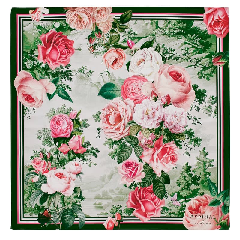 Aspinal of London Roses of the Orient Silk Scarf in Pink & Green Pure Silk