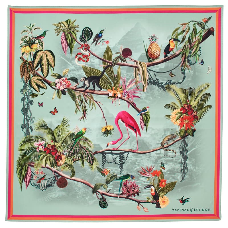 Aspinal of London Tropical Garden Silk Scarf in Teal Pure Silk