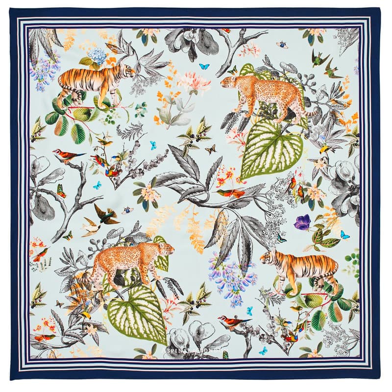 Aspinal of London Tigers & Leopards Silk Scarf in Teal Pure Silk