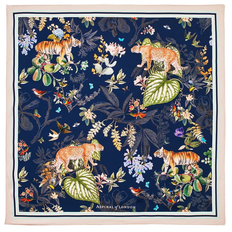 Aspinal of London Tigers & Leopards Silk Scarf in Navy Pure Silk