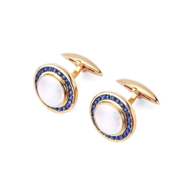 Aspinal of London Round Mother of Pearl Cufflinks Gemset with Cluster Sapphire in 9ct Yellow Gold