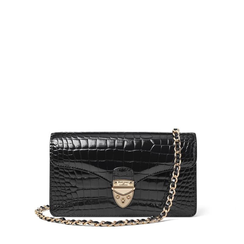 Aspinal of London Mayfair Clutch Bag in Black Patent Croc