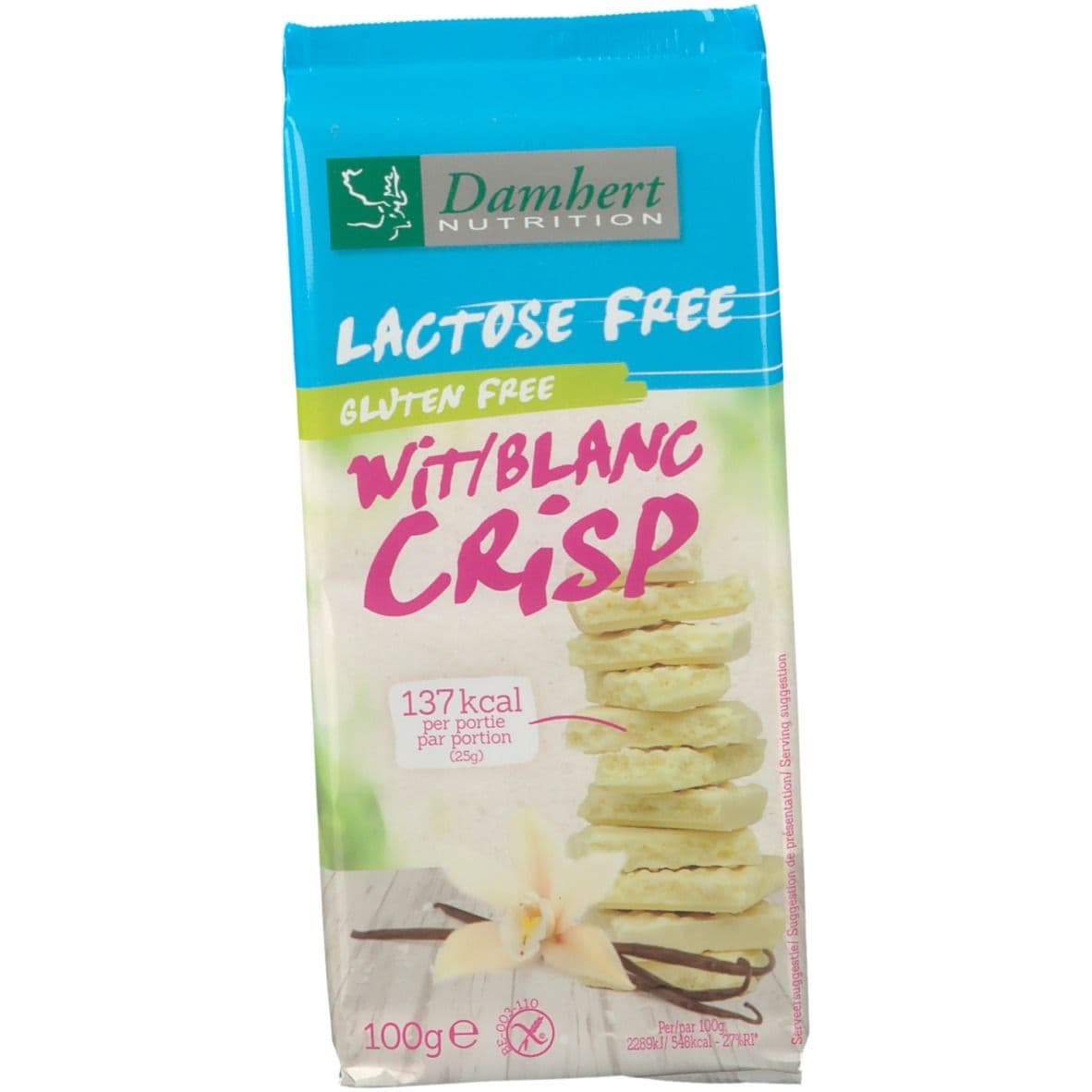 Damhert Lactose Free Crisp Blanc Gluten Free 100 g Chocolat