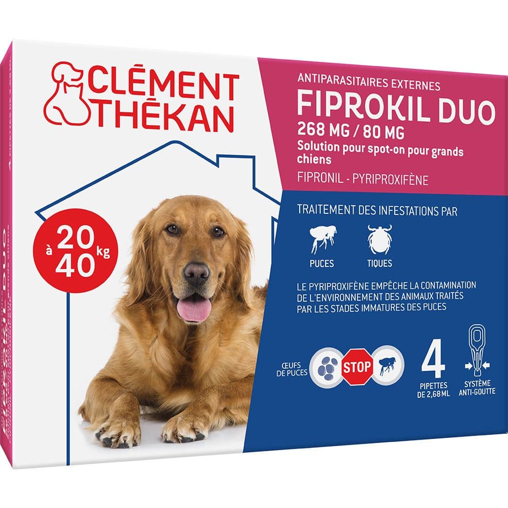 Clément Thékan Anti-Puces et Anti-Tiques pour Grand Chien (20-40kg) - Double action : Elimine les parasites & larves/oeufs Protège votre animal son