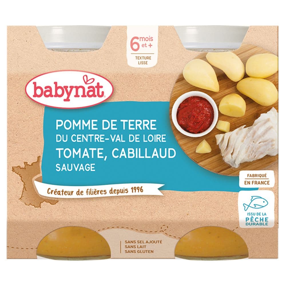 Babybio POMME DE TERRE DU CENTRE-VAL DE LOIRE TOMATE CABILLAUD SAUVAGE dès 6 mois 400 g Aliment