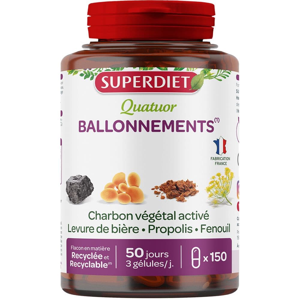 Superdiet Quatuor Ballonnements - Charbon, Fenouil, Propolis, Levure - 10% avec le code: 926CE 150 pc(s) Capsule(S)