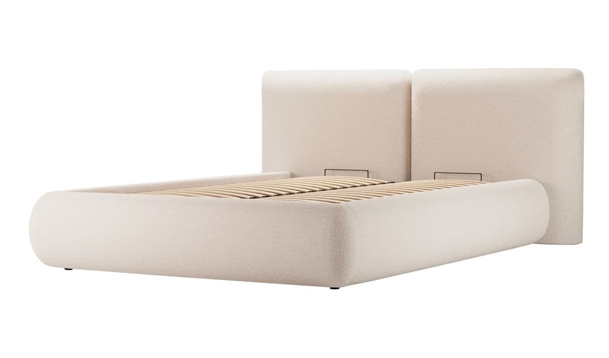 Lit rembourré Agape 140x200cm avec sommier relevable et coffre de rangement, Teddy latte - café au lait