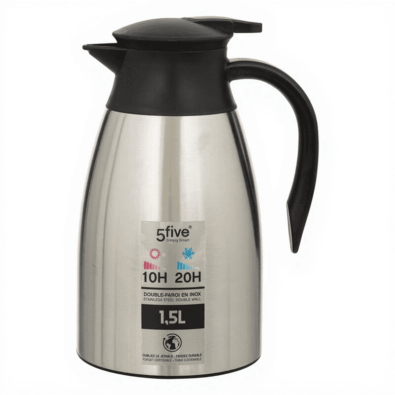 5five Pichet isotherme en acier inoxydable 1,5 L - Argent - Acier inoxydable et PP - L 16,5 x l 13,4 x H 24,8 cm