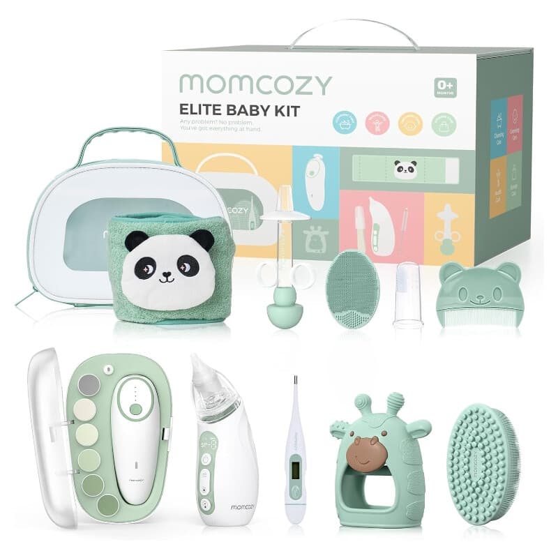 Momcozy Elite Kit bébé tout-en-un avec lime à ongles électrique, aspirateur nasal, ceinture chauffante, brosses, peigne, tétine et thermomètre