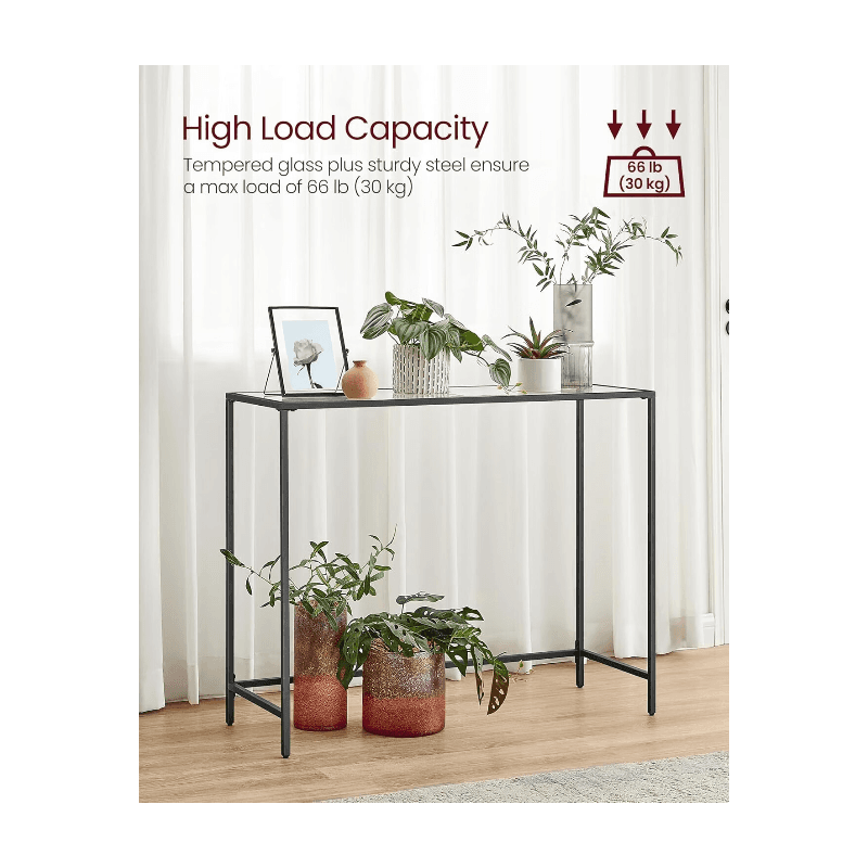 JOYFURNOS LGT025B01 Table Console avec 2 Étagères, Verre Trempé, Cadre en Métal, Pieds Réglables pour Salon, Couloir, Noir