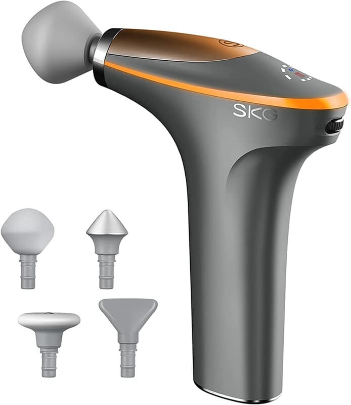 SKG F7-E Mini pistolet de massage chauffant électrique avec 4 embouts interchangeables - Gris
