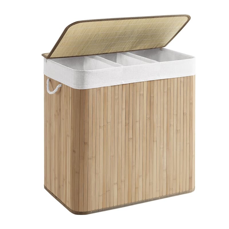 Ochama Panier à Linge Pliable en Bois avec Couvercle en Bambou - 3 Compartiments - 150 L - 60 x 40 x 61,5 cm