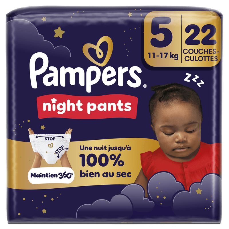 Pampers Night Pants, Taille 5, 22 Couches-Culottes, 11-17kg, Maintien 360° Contre Les Fuites Avec Un Cœur Super Absorbant Pour Une Protection