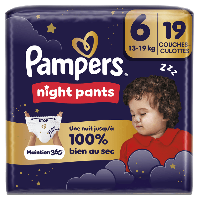 Pampers Night Pants, Taille 6, 19 Couches, 13-19kg, Maintien 360° Contre Les Fuites Avec Un Cœur Super Absorbant Pour Une Protection Renforcée