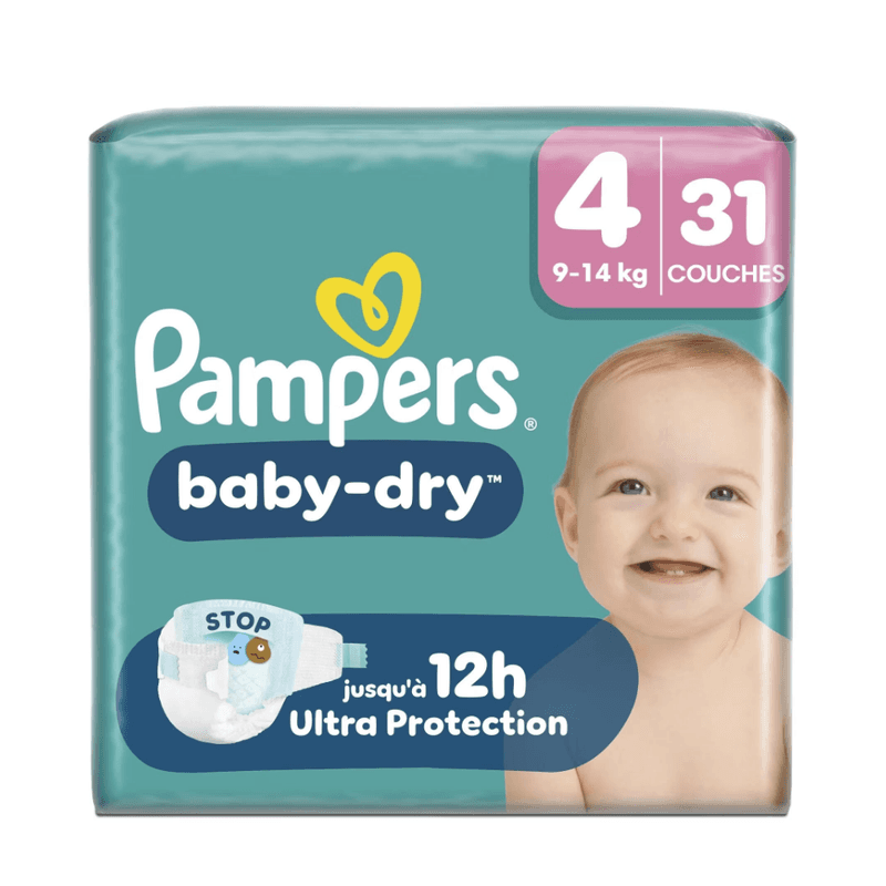Pampers Baby-Dry, Taille 4, 31 Couches, 9-14kg, Une nuit jusqu'à 100% sans fuites avec la Poche Stop & Protect à l’arrière de la couche