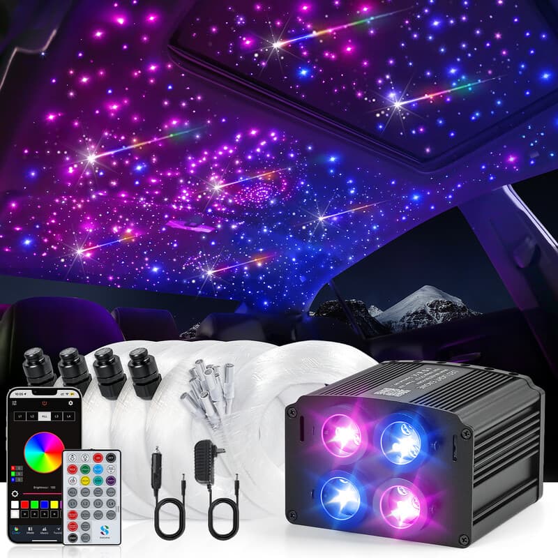 HOCO Kit de conversion de toit intérieur en étoilé, lumières d’ambiance en fibre optique 4 couleurs 32 W + 240 LED RGBW en forme de météores,