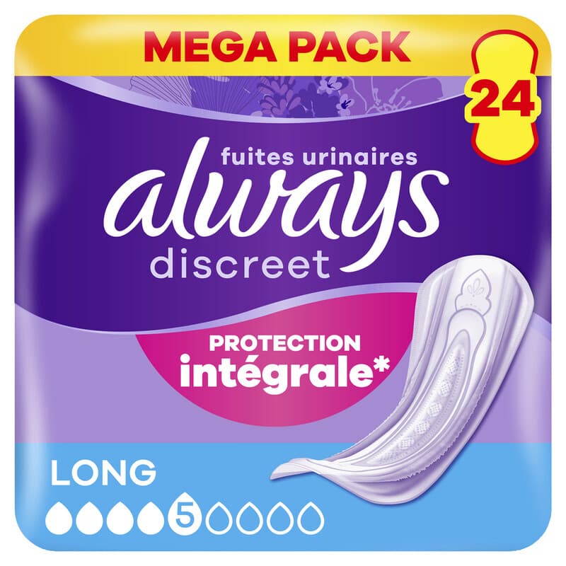 Always Serviettes longues pour incontinence Discreet pour femmes 24 serviettes
