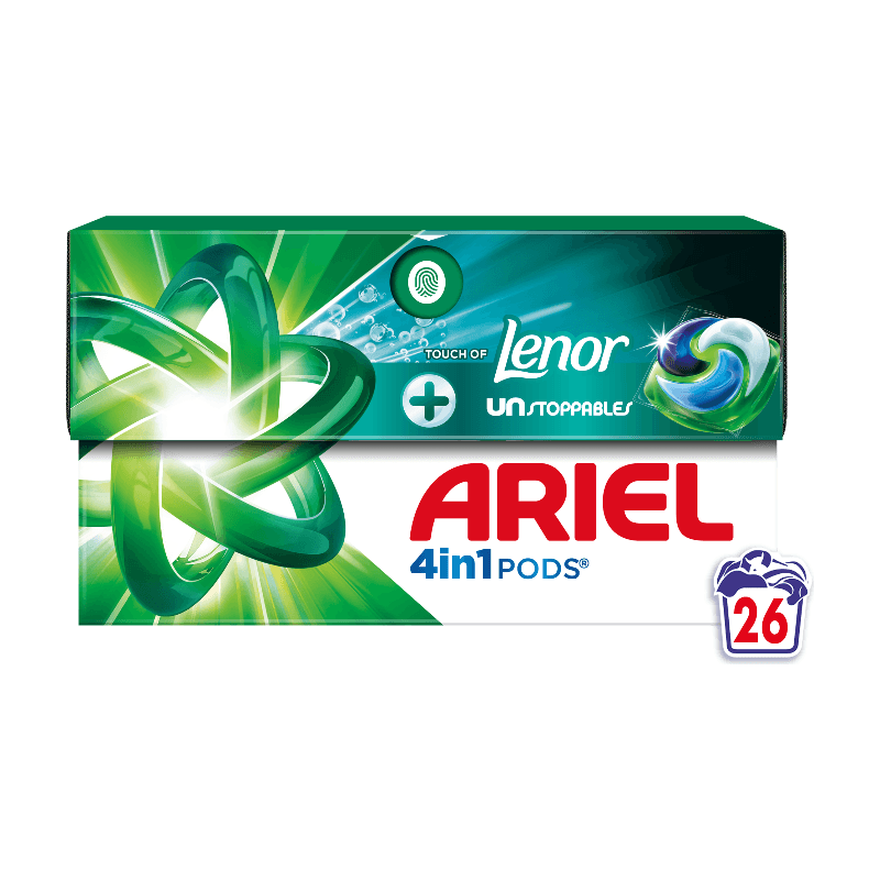 Ariel PODS® 4en1, Lessive en Capsule, Avec Une Touche De Lenor Unstoppables Aerien, 26 Doses, 7 Jours De Fraîcheur Longue Durée, Dissolution Rapide