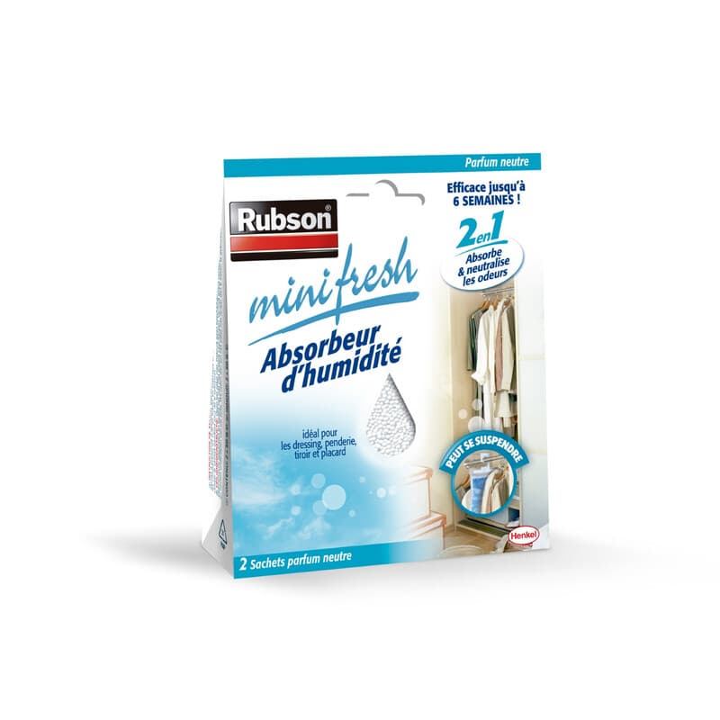 Rubson – Absorbeur d’humidité Minifresh parfum neutre (2 sachets de 50 g) – Idéal pour dressing, penderie, tiroir et placard – Efficace