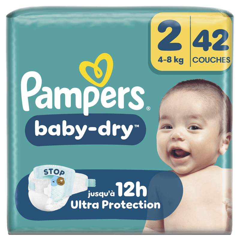 Pampers Baby-Dry, Taille 2, 42 Couches, 4-8kg, Une nuit jusqu'à 100% sans fuites avec la Poche Stop & Protect à l’arrière de la couche