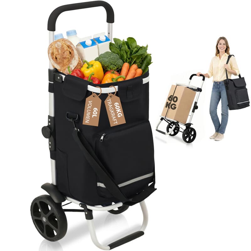 Sekey SC2 Chariot de courses pliable 60 L 3-en-1, diable avec compartiment isotherme, sac à bandoulière amovible, sangle d’arrimage et