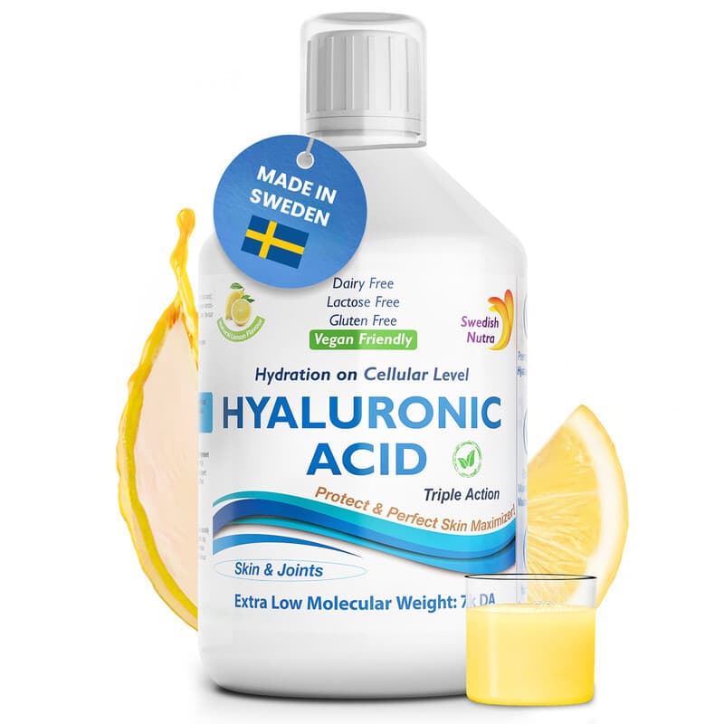 Swedish Nutra Acide Hyaluronique Liquide, 500 ml, avec vitamine C et silice, pour soutenir l’hydratation de la peau et la fonction articulaire,