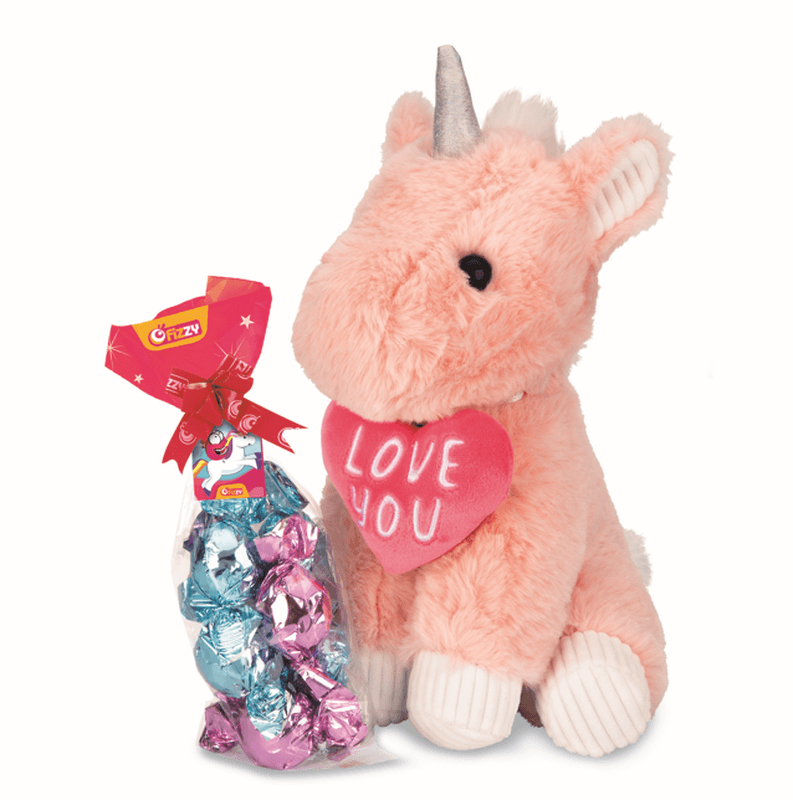 Fizzy Inokuchi Peluche Licorne rose + 100 g de chocolats