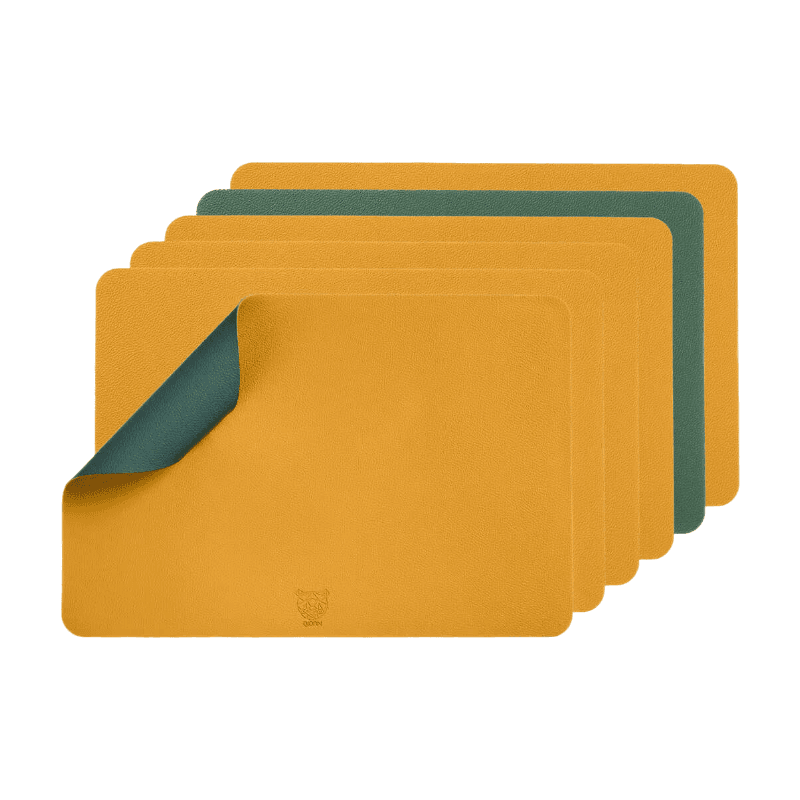 BJÖRN Lot de 6 sets de table réversibles rectangulaires en cuir recyclé - Jaune moutarde et vert sapin