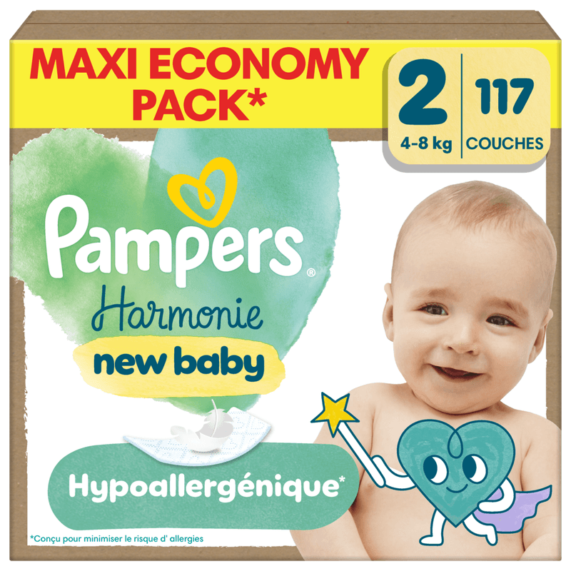 Pampers Harmonie Couches Édition Limitée, Taille 2, 117 Couches, 4kg-8kg, Conçues pour Les Peaux Les Plus Sensibles, Maxi Economy Pack