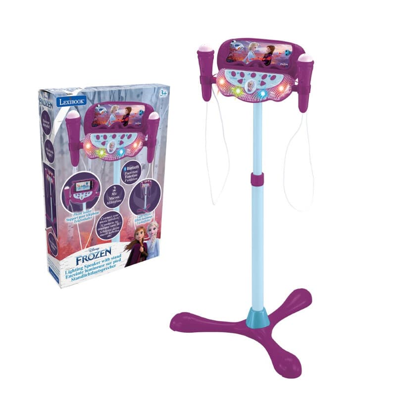 Lexibook Microphone La Reine des Neiges sur pied ajustable lumineux avec enceinte, 2 Micros et Effets vocaux, Enceinte Bluetooth