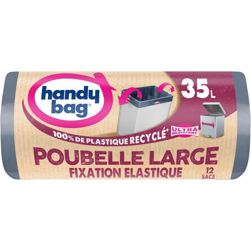 Sacs Poubelle Handy Bag, 35 L, Fixation Élastique, Triple Couche, Fond Anti-fuite, 65 x 63 cm, 12 Sacs