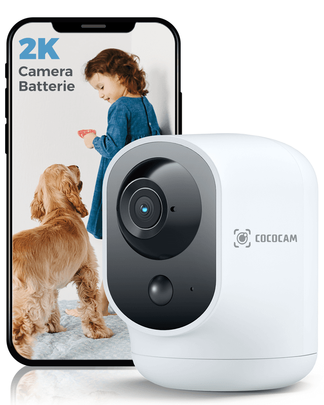 COCOCAM Caméra de sécurité intérieure 2K Wi-Fi panoramique et inclinable avec batterie 5200 mAh sans fil, reconnaissance IA, détection humaine