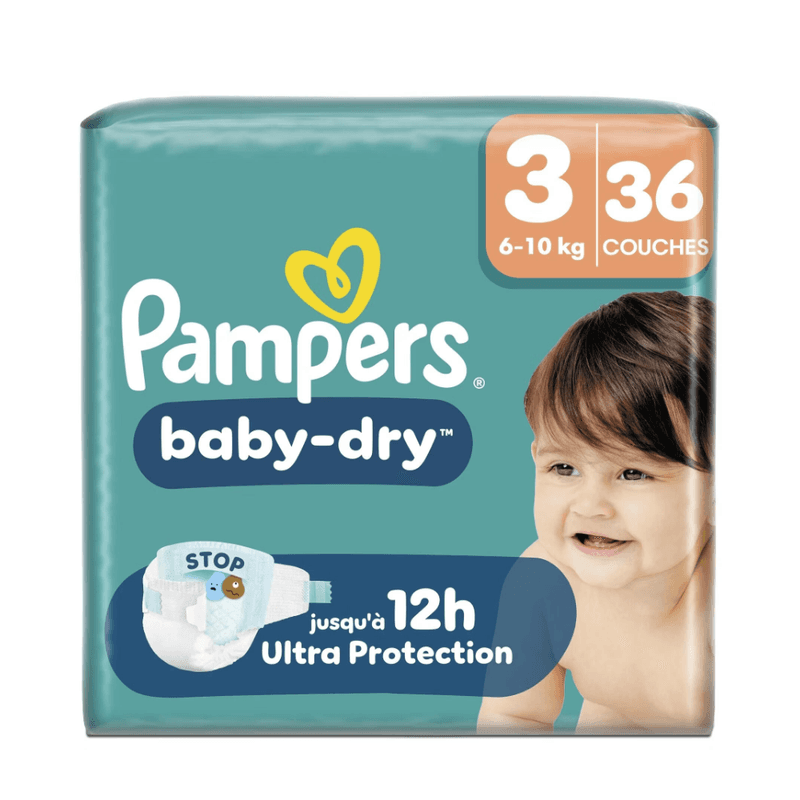 Pampers Baby-Dry, Taille 3, 36 Couches, 6-10kg, Une nuit jusqu'à 100% sans fuites avec la Poche Stop & Protect à l’arrière de la couche