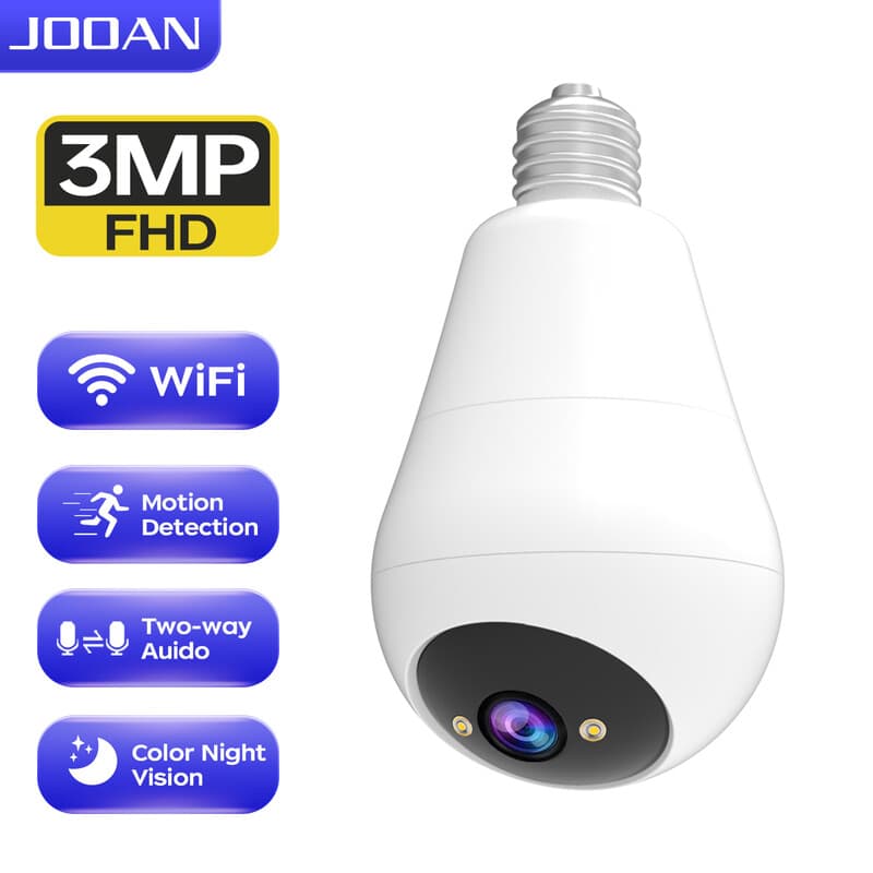 JOOAN E27 Caméra de surveillance Ampoule, sans fil, Intérieur/Extérieur, Pan/Tilt 360°, Vision nocturne couleur, Lampe LED et projecteur, Wi-Fi