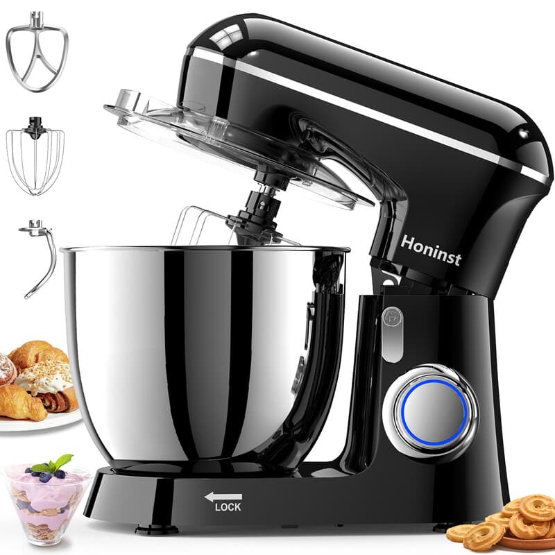 HONINST Robot pâtissier électrique à tête inclinable 6,5 qt 10 vitesses, robot de cuisine 3 en 1 avec bol, crochet pétrisseur, fouet et batteur