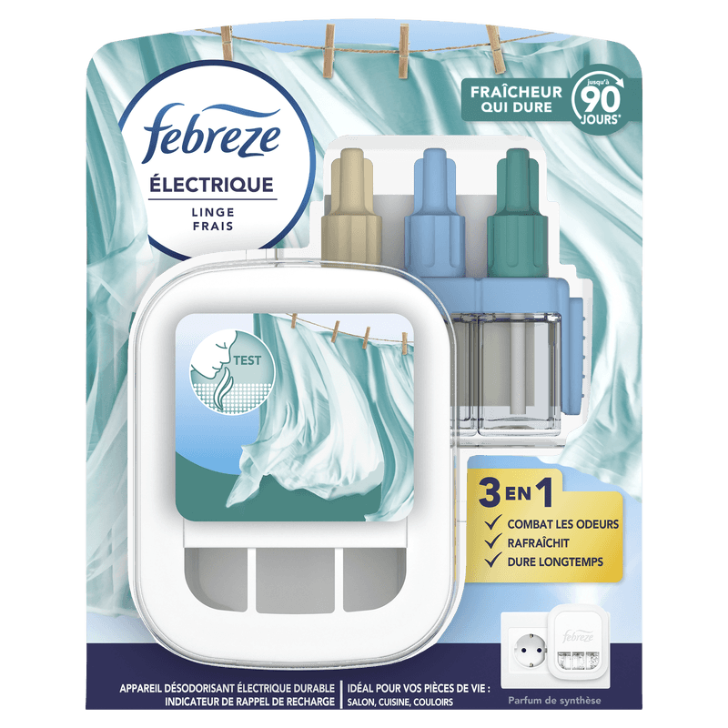 Febreze Kit De Démarrage Diffuseur Électrique Parfum Linge frais, Prise + Recharge de 20ml, 3 Parfums en Alternance, Combat les Odeurs et