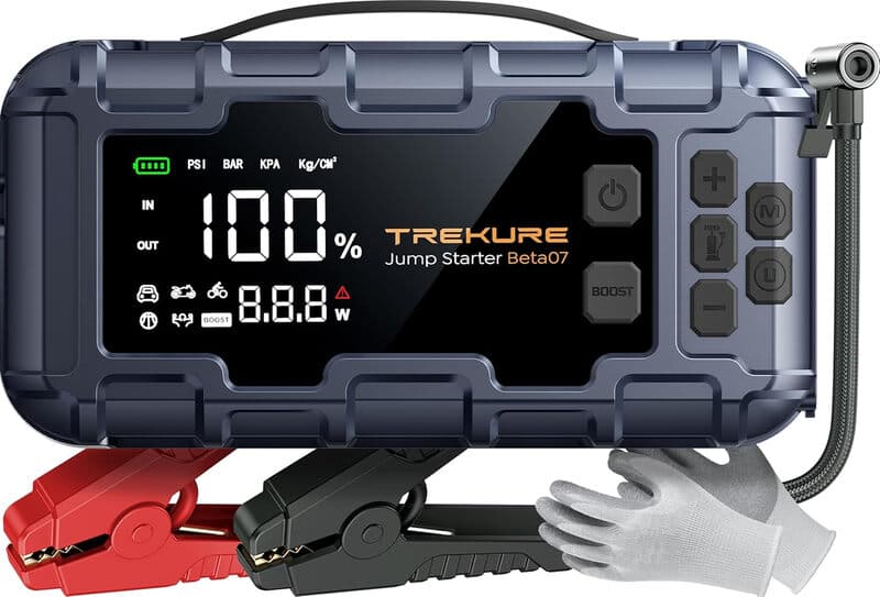 TREKURE Beta07 Démarreur de voiture 12 V avec compresseur d’air 160 PSI, banque d’alimentation 45 W PD, écran intelligent et lampe de secours
