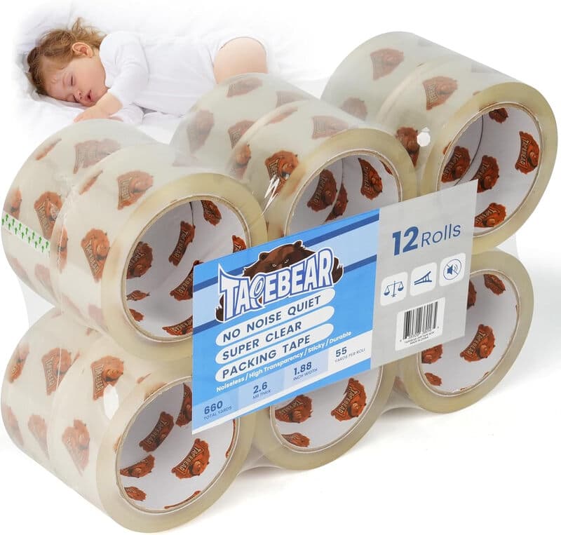 TAPEBEAR Ruban d’emballage silencieux, haute transparence améliorée, 66 µm x 4,8 cm x 50 m, recharges de ruban d’emballage, ruban
